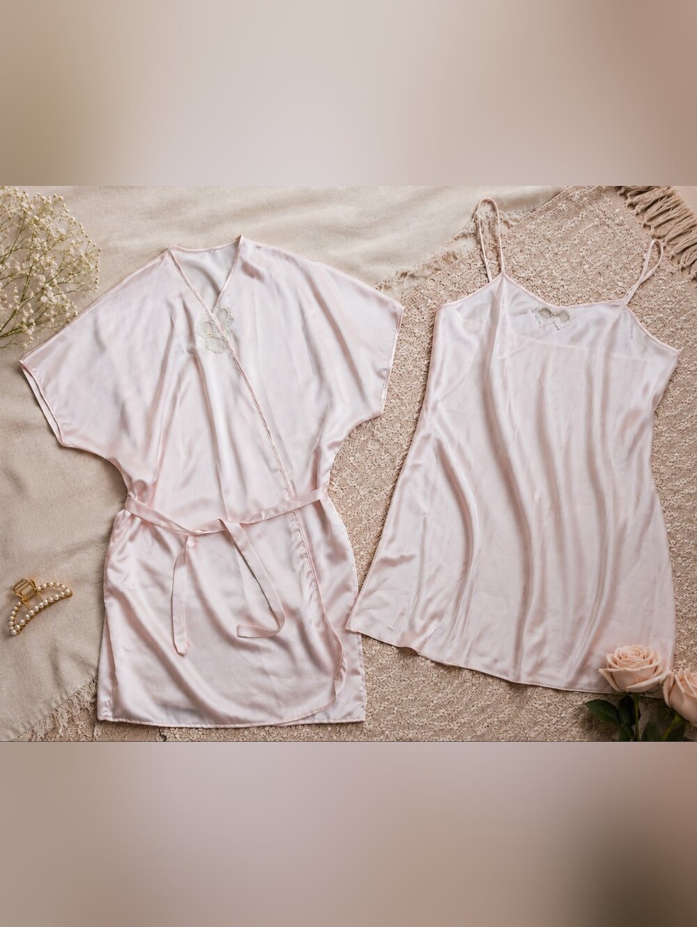 Vintage French Maid Blush Pink Satin Negligee Set Robe + Slip Romantic Lingerie